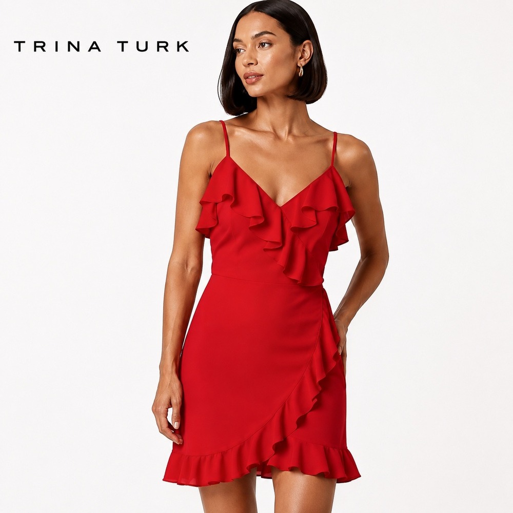 Trina Turk Red Ruffle Wrap Dress TD185010 Size 8